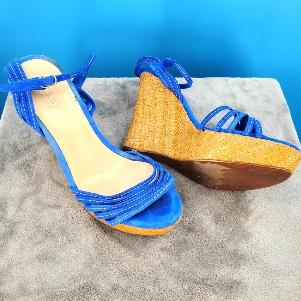 J.Crew blue suede strappy wedge heels 8